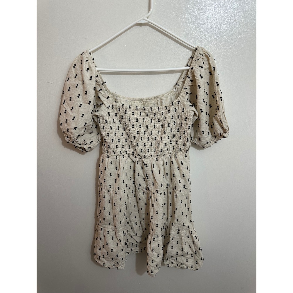 Sim & Sam Cream Black Dotted Smocked Puff Sleeve Tiered Mini Dress Medium